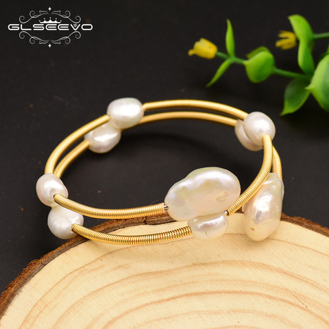 GLSEEVO Natural Fresh Water Baroque Pearl Double Layer  Bangle Bracelet For Women Party Adjustable Handmade Jewelry Femme GB0120 ► Photo 1/4