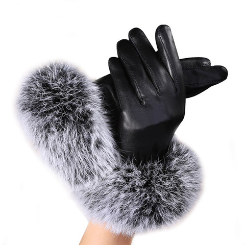 Naiveroo Touch Screen Gloves PU Leather Women Gloves Waterproof Faux Rabbit Fur Thick Warm Spring Winter Gloves Christmas Gifts ► Photo 1/6