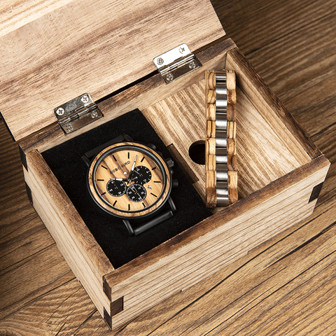 relogio masculino BOBO BIRD Men Watch Wood Bracelet Set Chronograph Quartz Watches in Wooden Box Drop Shipping Engraving ► Photo 1/6