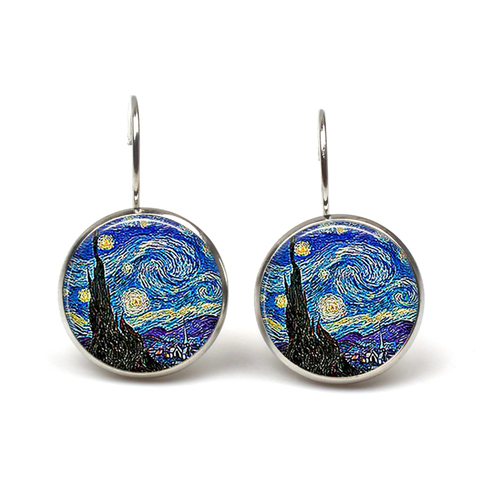 Fashion Silver Color Simple Style Earings Van Gogh Famous Artist Starry Night Dangle Earrings Glass Cabochon Jewelry Women Gifts ► Photo 1/6
