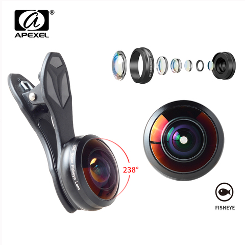 APEXEL 238 Degree Fish Eye Phone Lens For iPhone Samsung S7 S8 Xiaomi Detachable Wide Angle HD Camera Lenses High Quality Glass ► Photo 1/6