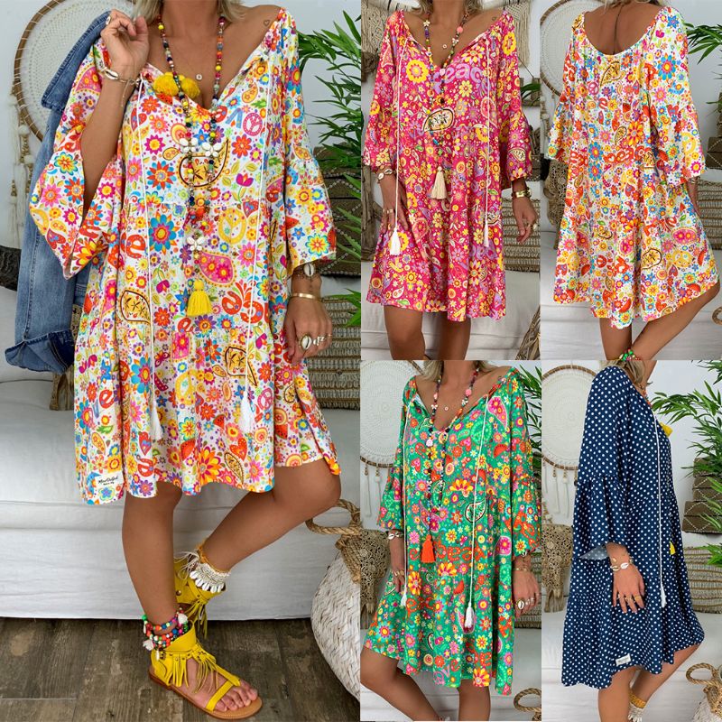 Boho Casual Women Shirt Sleeveless Loose Dress Summer Beach Floral Mini Beach