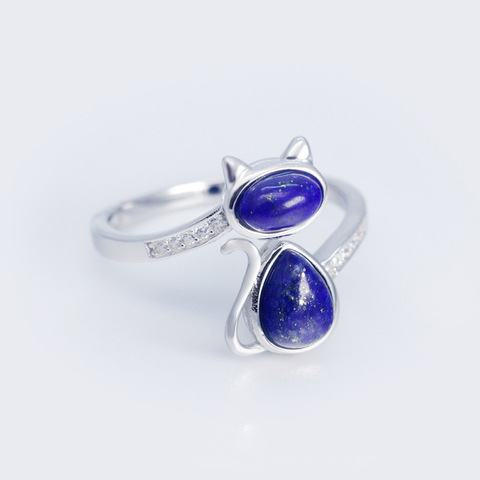 MloveAcc Solid 925 Sterling Silver Cat Open Rings for Women Lady Gift Sterling Silver Lapis lazuli Stone Ring Fashion Jewelry ► Photo 1/3