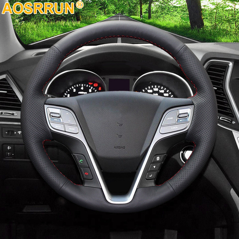 AOSRRUN Black Leather Hand-stitched Car Steering Wheel Cover for Hyundai ix45 Santa Fe 2013 2014 2015 2016 Car Accessories ► Photo 1/3