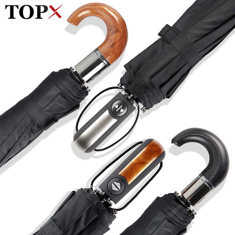 Wind resistant 3Fold Automatic Umbrella Rain Women Leather Wood Handle Business British Style Umbrella Men's Gift Large Umbrella ► Photo 1/6