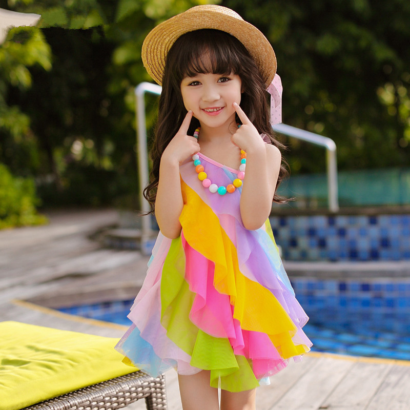 Summer Toddler Kids Baby Girl Rainbow Striped Print Vest Sleeveless Dress Outfit