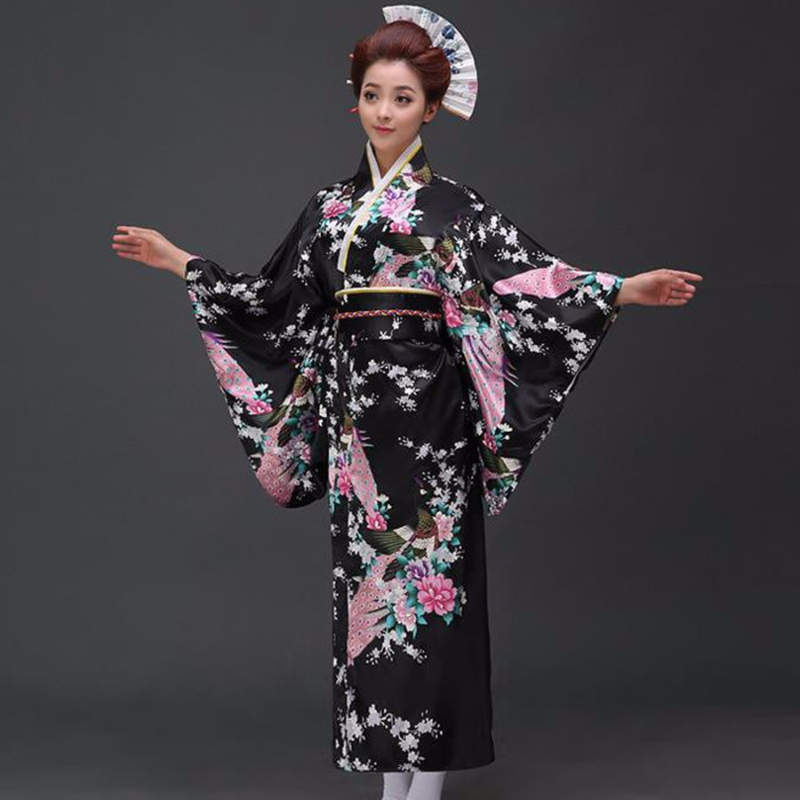 Retro Oriental Japanese Geisha Dress Yukata Kimono Obi Cosplay Robe 