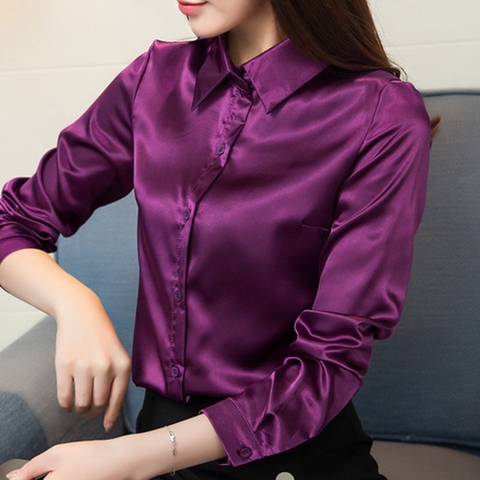 Stinlicher Satin Silk Shirt Women Autumn Long Sleeve Elegant Work Wear Tops Korean Fashion Purple Green Blue Blouse Shirt ► Photo 1/6