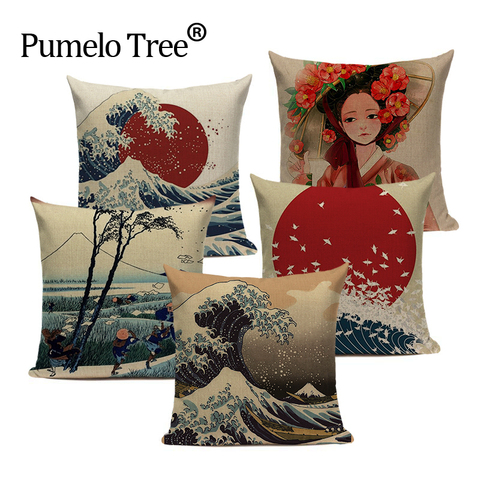 Vintage Decorative Cushion Covers Custom High Quality Linen Village Style Ukiyo Decor Pillowcase 45X45Cm Square Printing Pillows ► Photo 1/6