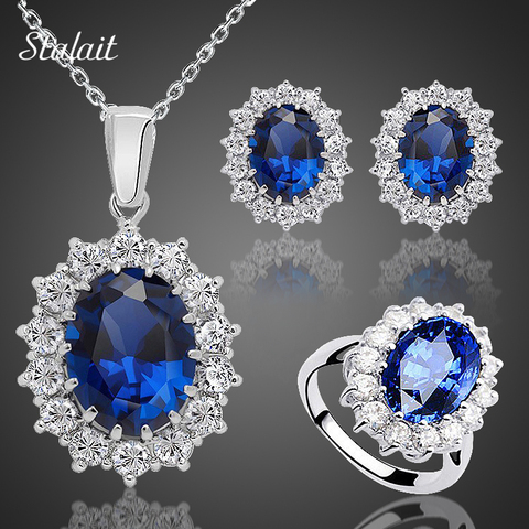 Fashion Blue Crystal Stone Wedding Jewelry Sets For Brides Silver Color Necklace Set For Women African Jewelry Sets & More ► Photo 1/6