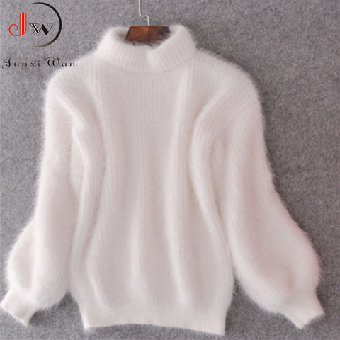 White Mohair Thicken Turtleneck Sweater Autumn Winter Sweet Fashion Lantern Sleeve Casual Solid Color Pullover pull femme ► Photo 1/6