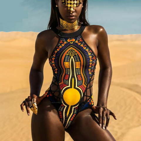 Aliexpress African High Waist Swimsuit African Print Swimwear One