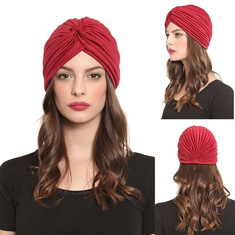 New Women Stretchy Hat Turban Head Wrap Band Chemo Bandana Hijab Pleated Indian Cap ► Photo 1/5