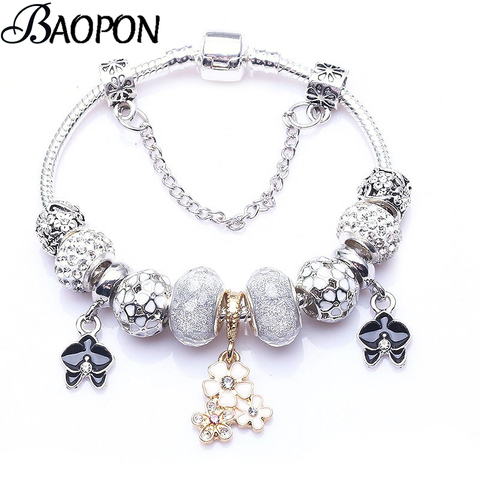 BAOPON Vintage Silver Plated Crystal Charm Bracelets For wome Fit Snake Chain Fine Bracelet DIY Jewelry Gift High Quality ► Photo 1/6
