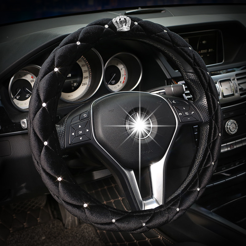 Leather Car Steering Wheel Covers Crystal Studded Rhinestone Car Interior 