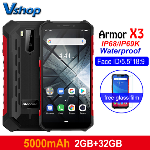 Ulefone Armor X3 Rugged phones Android 9.0 IP68/IP69K Waterproof 2GB 32GB 5.5 inch HD+ 8MP 5000mAh face ID 3G Smartphone ► Photo 1/1