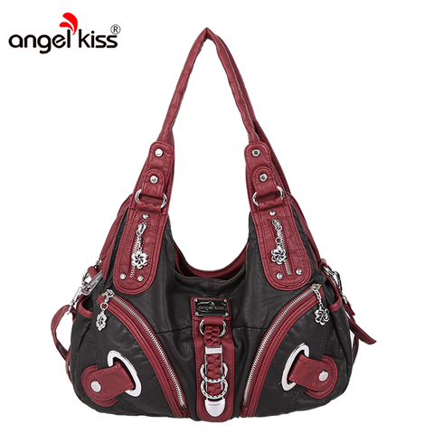 Angelkiss Two Top Zippers Closure Multiple Pockets Purses and Handbags Washed Leather Shoulder Bags Women AK11282 ► Photo 1/6
