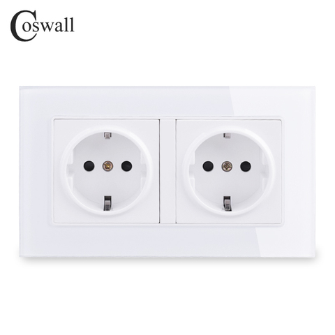 COSWALL Wall Crystal Glass Panel Power Socket Plug Grounded, 16A EU Standard Electrical Double Outlet 146mm * 86mm ► Photo 1/6
