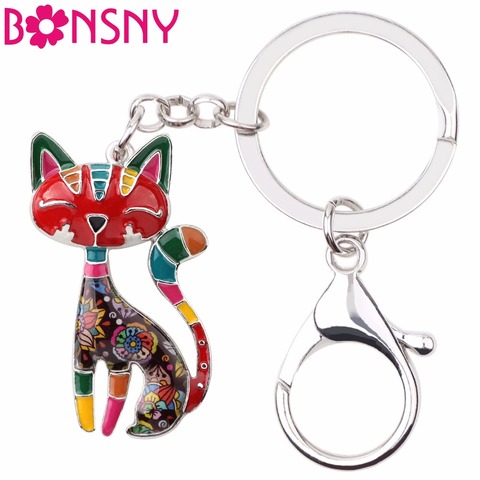 Bonsny Metal Enamel Cat Kitten Key Chain Keychains Rings For Women Girls Gifts Handbag Pendant Animal Jewelry Car New Decoration ► Photo 1/6