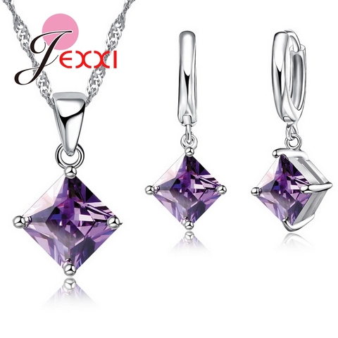 Women Accessories Pendant Necklace Earrings  Jewelry Set Girl Square Shinny CZ Crystal  Pendant 925 Sterling Silver ► Photo 1/6
