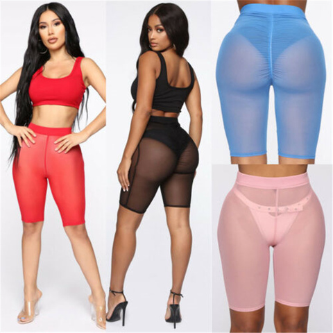 Sexy Women Mesh Sheer Shorts See-through Slim Gym Workout Fitness Shorts Ladies Solid Color Shorts Transparent Women Shorts ► Photo 1/6