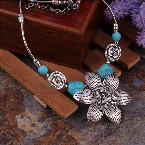 Bohemian Ethnic Gypsy Jewelry Tibetan Silver Color Chain Big Stone Necklaces Carved Alloy Flowers Necklaces & Pendants Women ► Photo 1/4