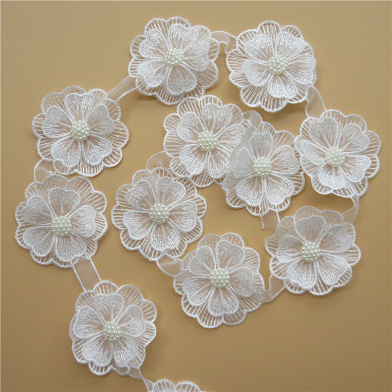 10x Pearl Beaded Flower Embroidered Lace Edge Trim Ribbon Floral DIY 