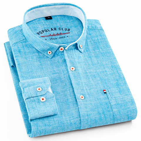 Men's Regular-Fit Shirt Cotton Line Long Sleeve Loose Business Dress Pure Color Button Shirt Men Blue White Tops Camisa Hombre L ► Photo 1/6