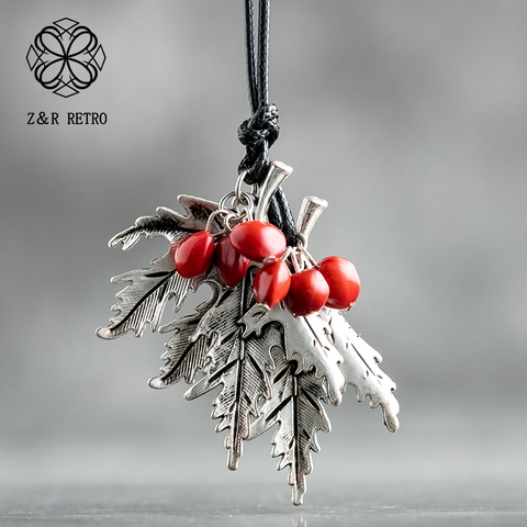 2022 Vintage Long Necklaces For Women And Men With Handmade Red Beans Retro Leaf Gift Leather Chain Pendant Necklace Jewelry ► Photo 1/6