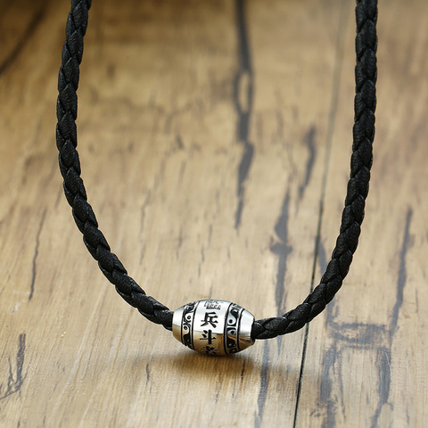 Men's Necklace 9 words Buddha Mantra Lucky Beads Stainless Steel Charm Pendant with Black Braided Rope Male Jewelry 20