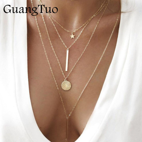 NK152 New Vintage Boho Multilayer Pendant Necklace for Women Gold Star Coin Metal Necklace Tribal Necklace Collar ► Photo 1/6