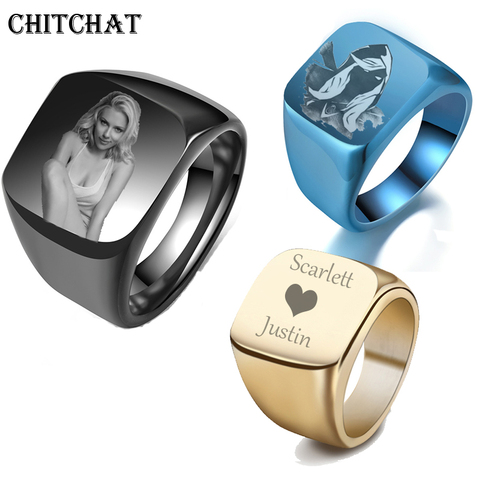 Personalized Customized Engrave Name Photo Ring Stainless Steel Mens Signet Rings Family Photo Male Engagement Wedding Rings ► Photo 1/6