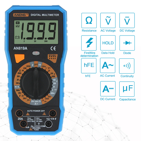 Auto Digital Multimeters AC DC Voltage 1000V 1999 Count Current Ohm Cap Meter Tester Data Hold Diode Transistor Test ► Photo 1/1