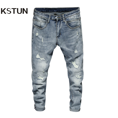 Ripped Jeans Men Skinny Light Blue High Street Style Male Jeans Elasticity Slim Fit Frayed Casual Men Pants Trousers Biker Jeans ► Photo 1/6