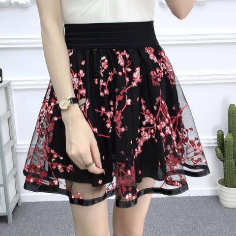 Zuolunouba New Casual Grid Cherry Blossoms Floral Lace Skirts Women A-line Mini Black Skirts Female High Waist Prevent Exposure ► Photo 1/6