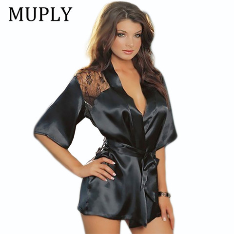 MUPLY New Hot Sexy Lingerie Plus Size Satin Lace Black Kimono Intimate Sleepwear Robe Sexy Night Gown Women Erotic Underwear ► Photo 1/6