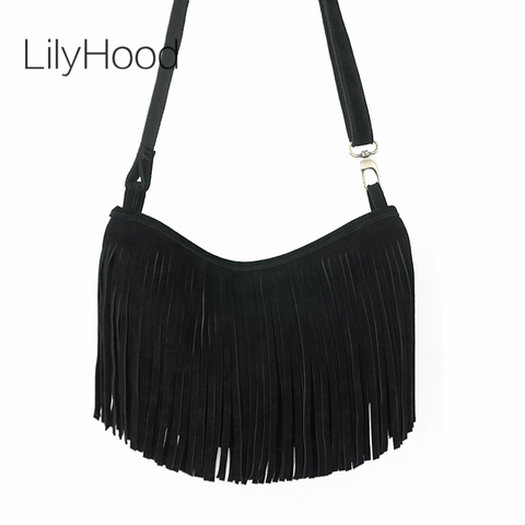 LilyHood 2022 Women Genuine Leather Long Fringe Shoulder Bag Tassel Boho Hippie Gypsy Gothic Rock Music Feminine Shoulder Bag ► Photo 1/6