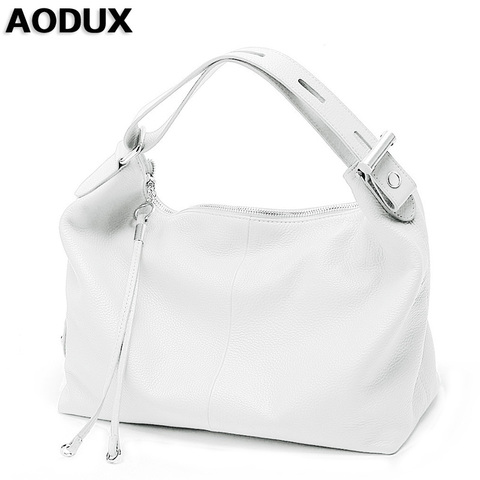 AODUX Female Ladies Soft Genuine Leather Women Shoulder Bags OL Style Tote Bag Designer Lady Handbag Satchel White Silver Color ► Photo 1/6