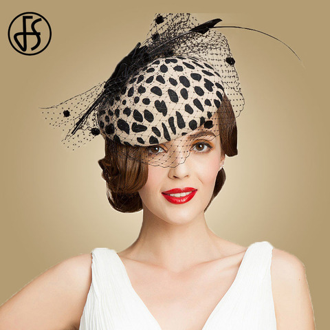 FS Fascinators Black Leopard Pillbox Hat With Veil 100% Australian Wool Felt Wedding Hats Women Vintage Bow Cocktail Fedoras ► Photo 1/6