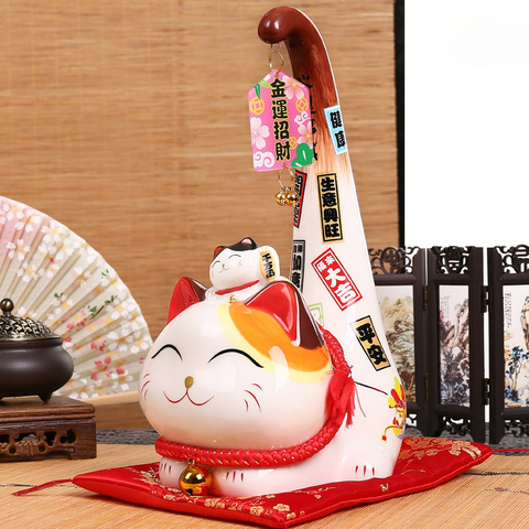 1pc Japanese Style Maneki Neko Ceramic Lucky Cat Cartoon Long Tail Cat Statue Feng Shui Business Ornament Home Decoration ► Photo 1/6