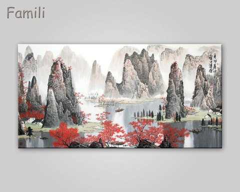 Chinese Landscape canvas paintings Red maple and boat canvas pictures vintage home decorative on the wall art for living room ► Photo 1/6