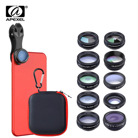 APEXEL 10in1 CellPhone Camera Lens Kit Wide Angle&Macro Lens+Fisheye Lens Telephoto Lens CPL/Flow/Star/Kaleidoscope for phones ► Photo 1/6