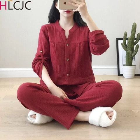 Cotton Crepe V-neck Pajamas Suit Women Autumn Thin Gauze Small Stand Collar Long-sleeved Trousers Korean Leisure Home Service ► Photo 1/6