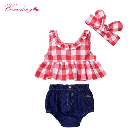 3PCS Toddler Girls Summer Clothing Set kids Casual Sport Suits Plaid Skirted T-shirt Tops+Denim Shorts Bloomers Headband Outfits ► Photo 1/6