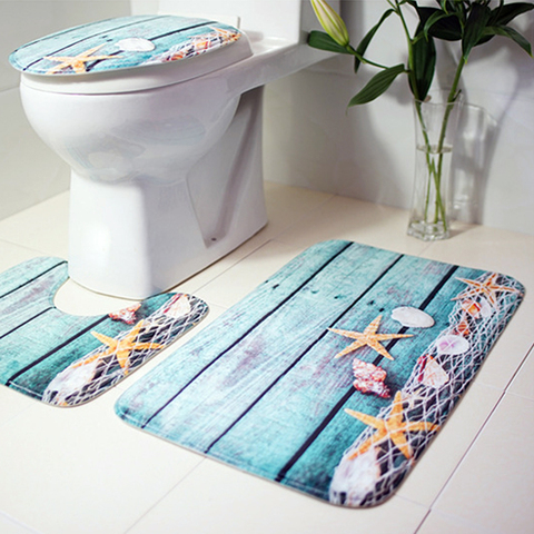 3pcs Bath Mats Bathroom Carpet Ocean Underwater World Anti Slip Toilet Pattern Flannel Seat Cover Set Alitools - Bathroom Mats And Toilet Seat Covers