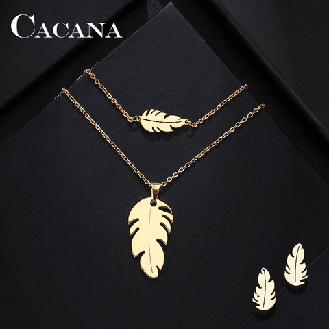CACANA Stainless Steel Sets For Women Feather Shape Necklace Bracelet Earring Jewelry Lover's Engagement Jewelry ► Photo 1/6