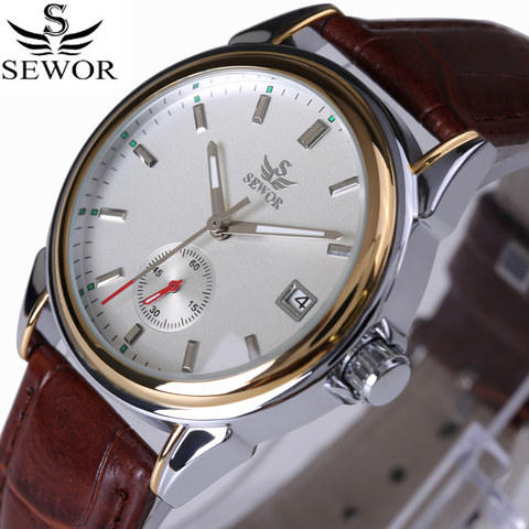 SEWOR Top Brand Fashion Design 4 Hands luxury Men Watches Leather Strap Stainless Steel Bezel Automatic Mechanical Watch 2017 ► Photo 1/6