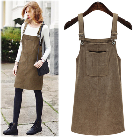 Corduroy Buckle Detail Overall Dress 2022 Spring Women Pinafore Big Pocket Dress Solid Shift Sleeveless Dress ► Photo 1/6