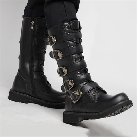 Men's Leather Motorcycle Boots Mid-calf Military Combat Boots Gothic Belt Punk Boots Men Shoes Tactical Army Boot ► Photo 1/6