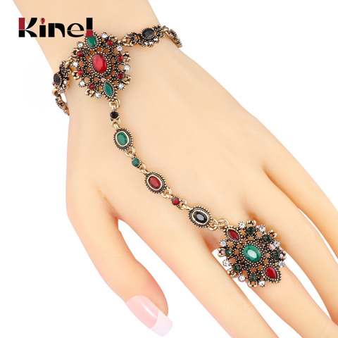 Kinel Unique Bracelet link Ring Turkish Jewelry Set For Women Antique Gold Crystal Flower Vintage Wedding Jewelry 2017 New ► Photo 1/6